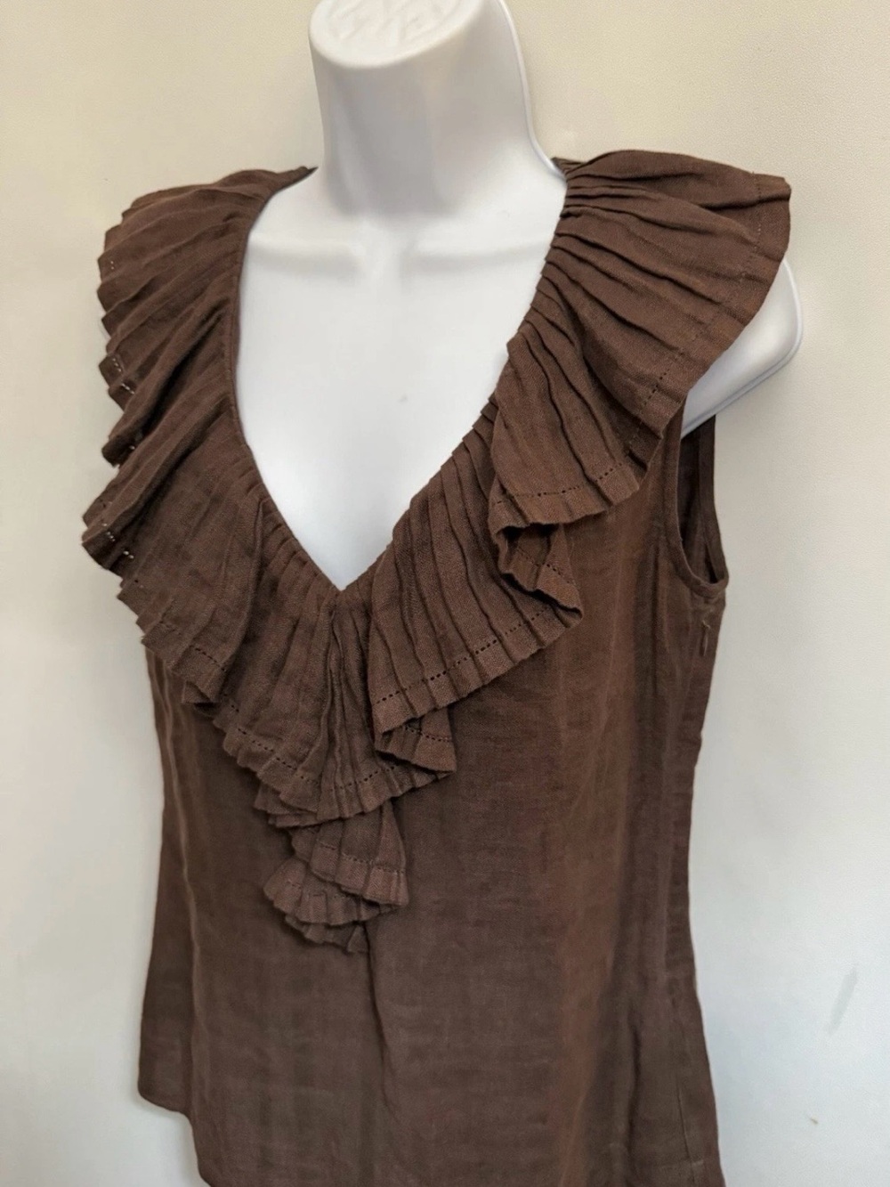 Tory Burch Brown Linen Ruffle V-Neck Sleeveless Tank Size 12 - Picture 6 of 10